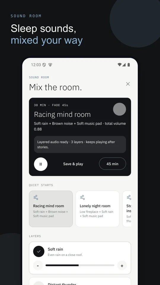 Afterhush Sound Room screen mixing soft rain, brown noise, and a soft music pad