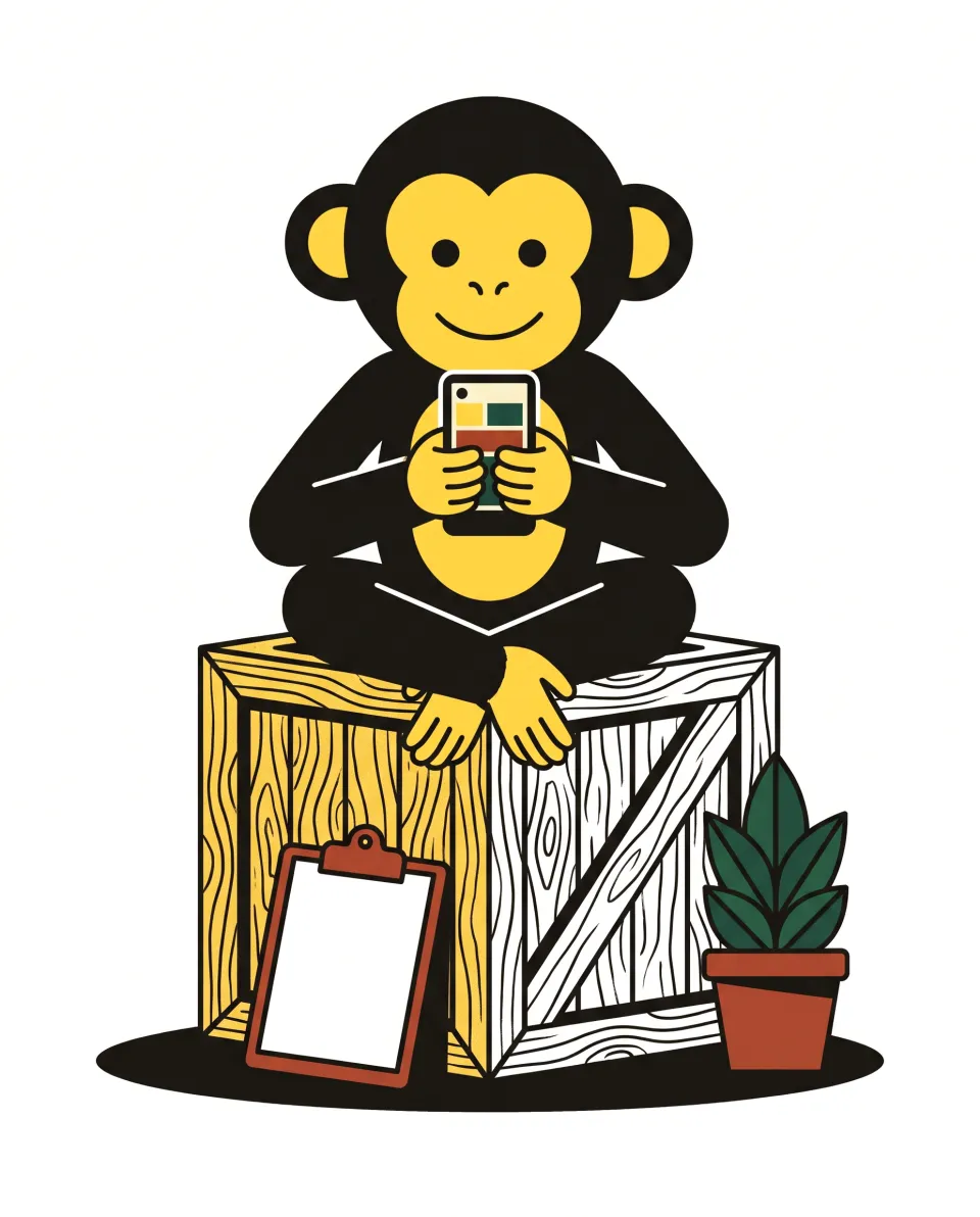 Illustration: the Wholesale Monkeys mascot sitting on a shipping crate, looking at a phone.