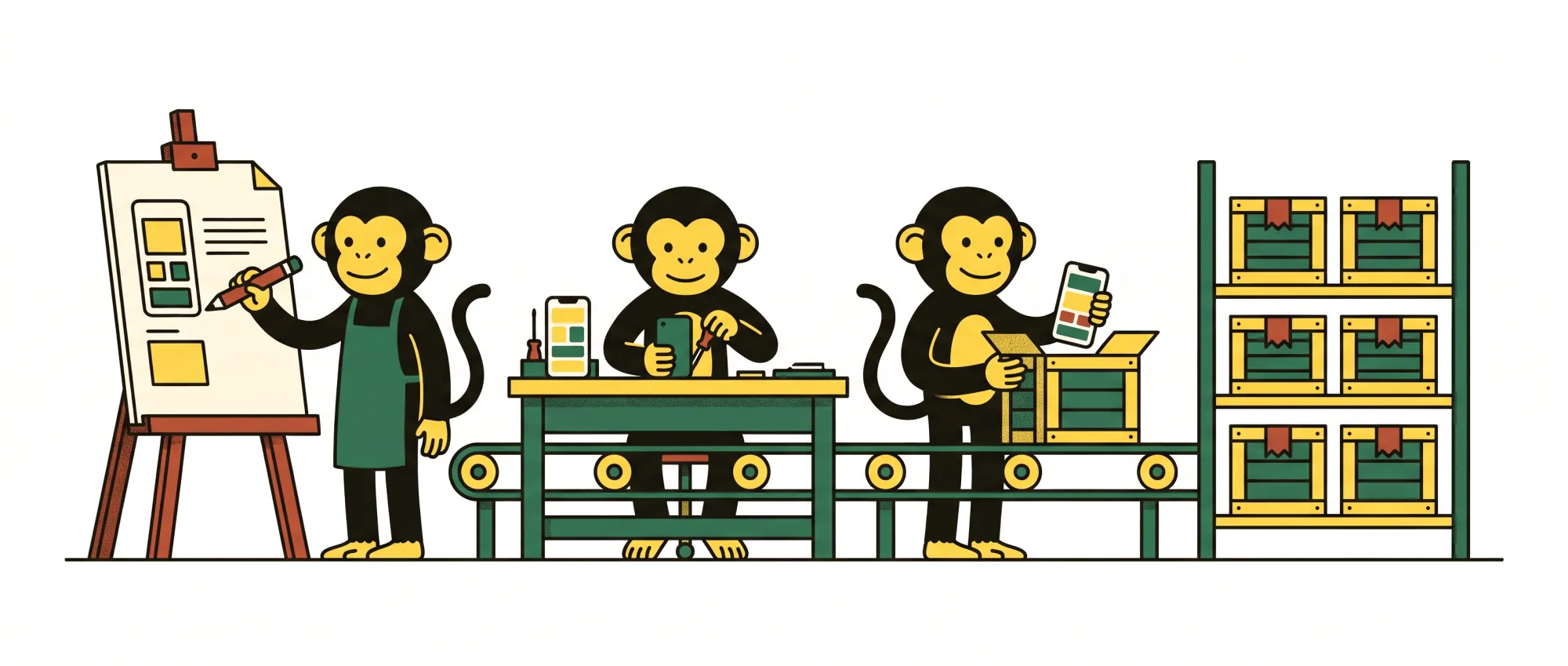 Illustration: monkeys sketch an app, assemble a phone, pack it into a crate, and stack finished crates on a shelf.